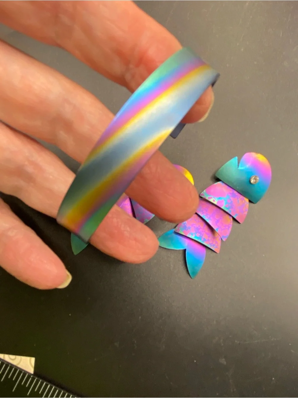 Rainbow Titanium Bangle Bracelet & Articulated Fish Earrings Pierced Dangles